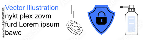 Security, online transactions, hygiene, protection, digital safety, currency. Coin, shield with lock and disinfectant bottle. Security and online transactions