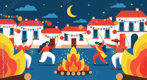 Celebration with Bonfire and Fireworks in a Village at Night