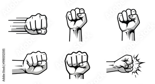 Set of six fist punch and hit icons with motion lines and impact effects
