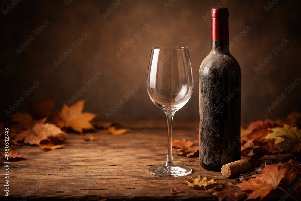 Fototapeta premium Empty glass and dusty red wine bottle on wooden table with autumn leaves and copy space