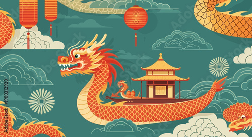 Chinese Dragon Boat Festival Illustration with Traditional Dragons and Lanterns