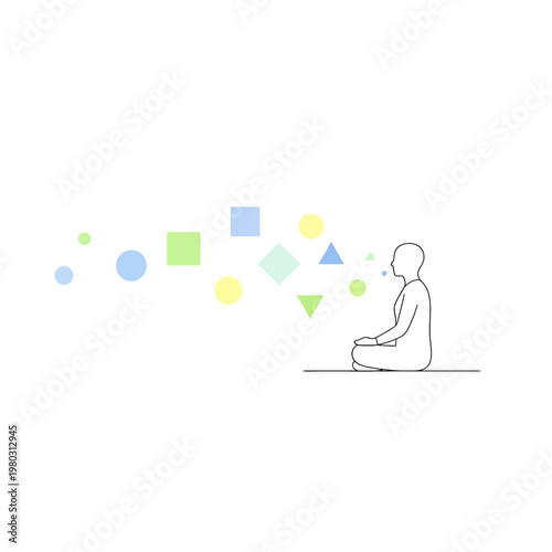 Person meditating with floating shapes.