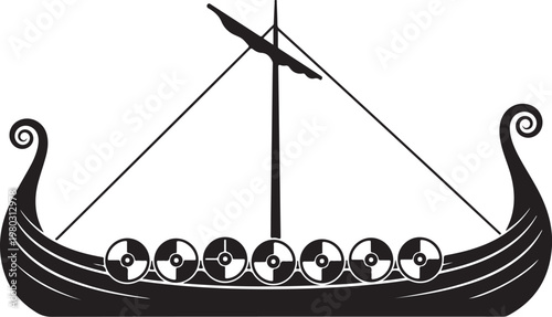 Viking ship, black, vector, medieval boat, Norse, sailing vessel, illustration