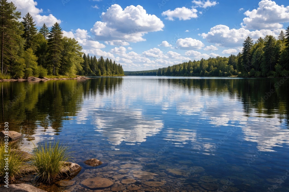 Fototapeta premium Serene lake reflecting bright blue sky with gentle ripples