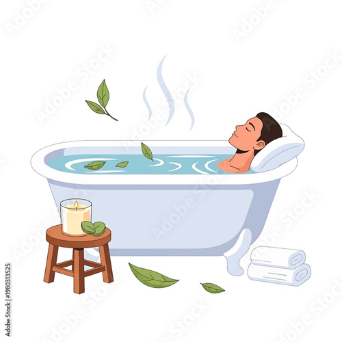 Woman Relaxing in Bathtub with Leaves.