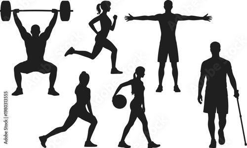 Fitness activity silhouettes barbell running lunging ball walking cane flat vector