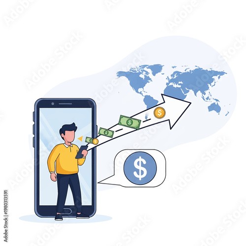Man Transferring Money Globally via Smartphone.
