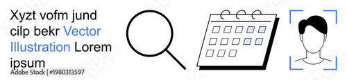 Search optimization, personal identification, event planning, data organization, scheduling, user profile management. Magnifying glass, calendar and avatar icons. Search optimization and personal