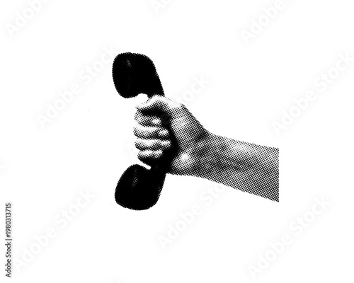 Retro Halftone Vector Illustration of a Hand Holding a Vintage Rotary Dial Telephone Receiver on Transparent Background for Creative Design