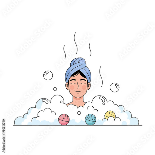 Woman Relaxing in Bubble Bath Water.