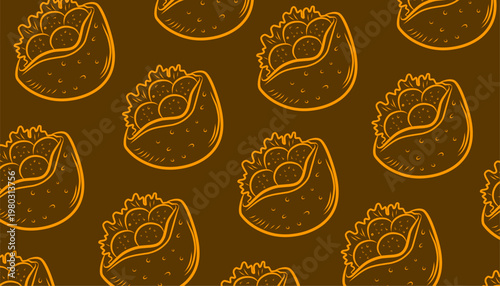 Falafel Seamless Repeat Pattern. Middle Eastern Chickpea Ball. Traditional Arab Street Food. Hand Drawn Bowl Illustration. Mediterranean Snack Vector Background.