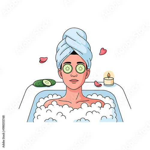 Woman relaxing in bubble bath.