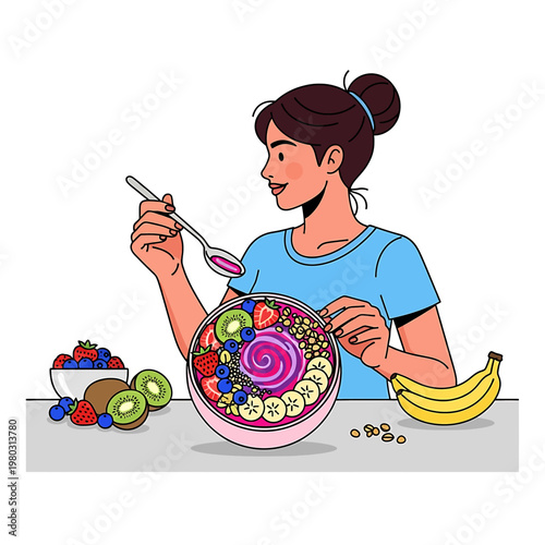 Woman eating fruit salad with spoon 1.