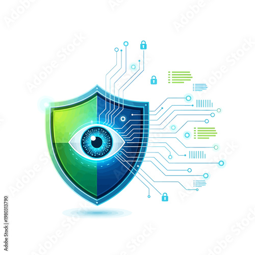 Shield with eye and circuit board.