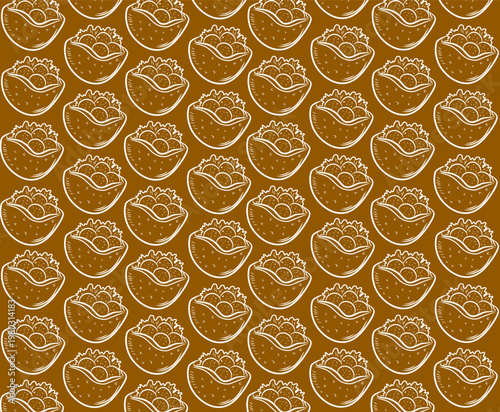 Falafel Seamless Repeat Pattern. Middle Eastern Chickpea Ball. Traditional Arab Street Food. Hand Drawn Bowl Illustration. Mediterranean Snack Vector Background.