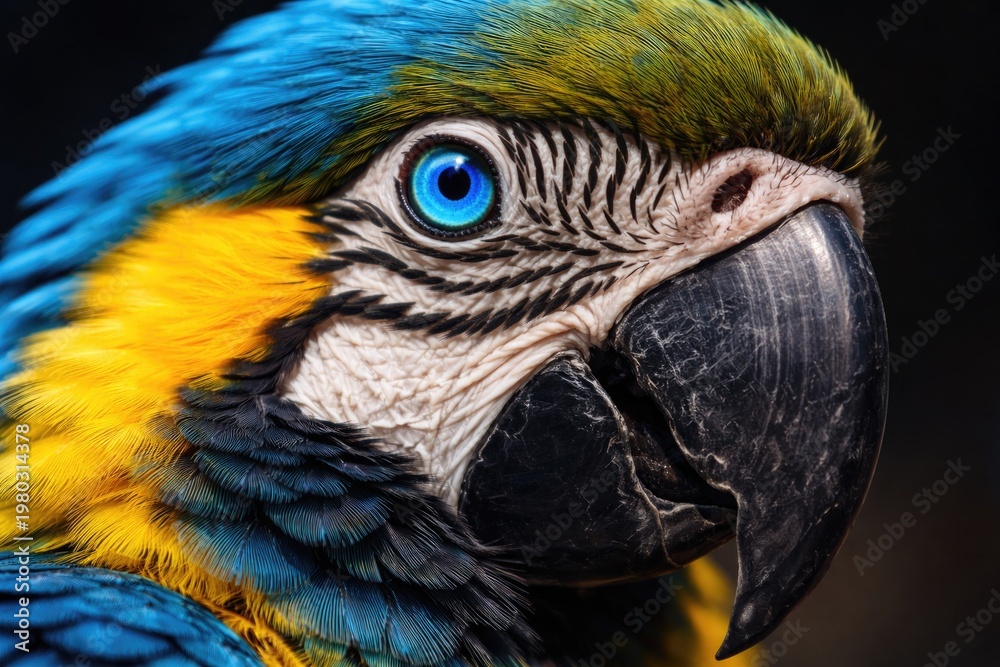 Fototapeta premium Close up portrait of a vibrant blue and yellow parrot showing detailed electric blue iris