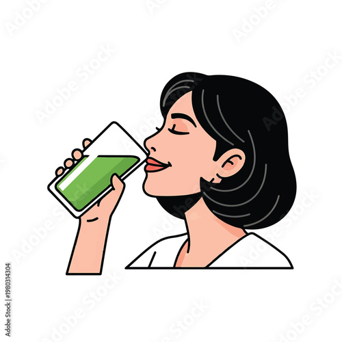 Woman drinking green juice from glass 1.