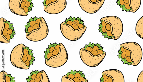 Falafel Seamless Repeat Pattern. Middle Eastern Chickpea Ball. Traditional Arab Street Food. Hand Drawn Bowl Illustration. Mediterranean Snack Vector Background.