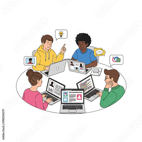 Four people sitting around table with laptops.