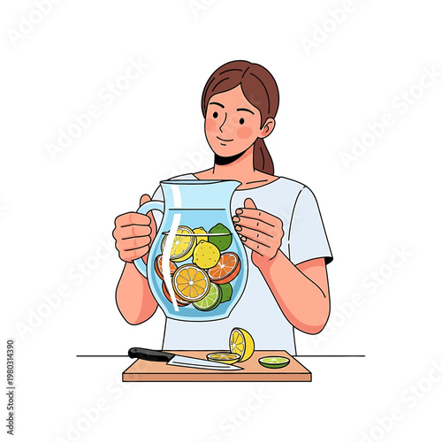 Woman holding pitcher of fruit infused water.