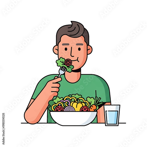 Man eating salad with fork slowly.