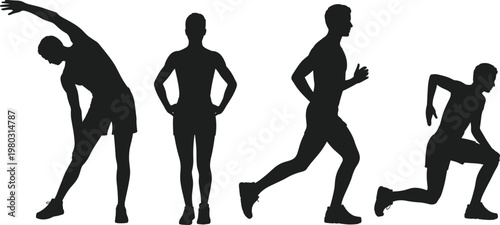 Fitness exercise poses silhouettes stretching running lunging workout illustration flat vector