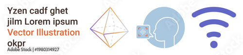 Technology, communication, digital connectivity, voice recognition, wireless networks, abstract concepts. Geometric shape, head profile with speech bubble and wireless symbol. Communication