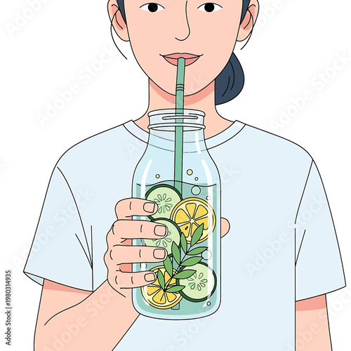 Woman Drinking Cucumber Lemon Water.