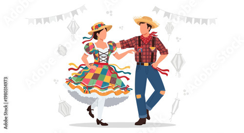Couple dancing traditional Festa Junina, colorful costume, rural festival celebration