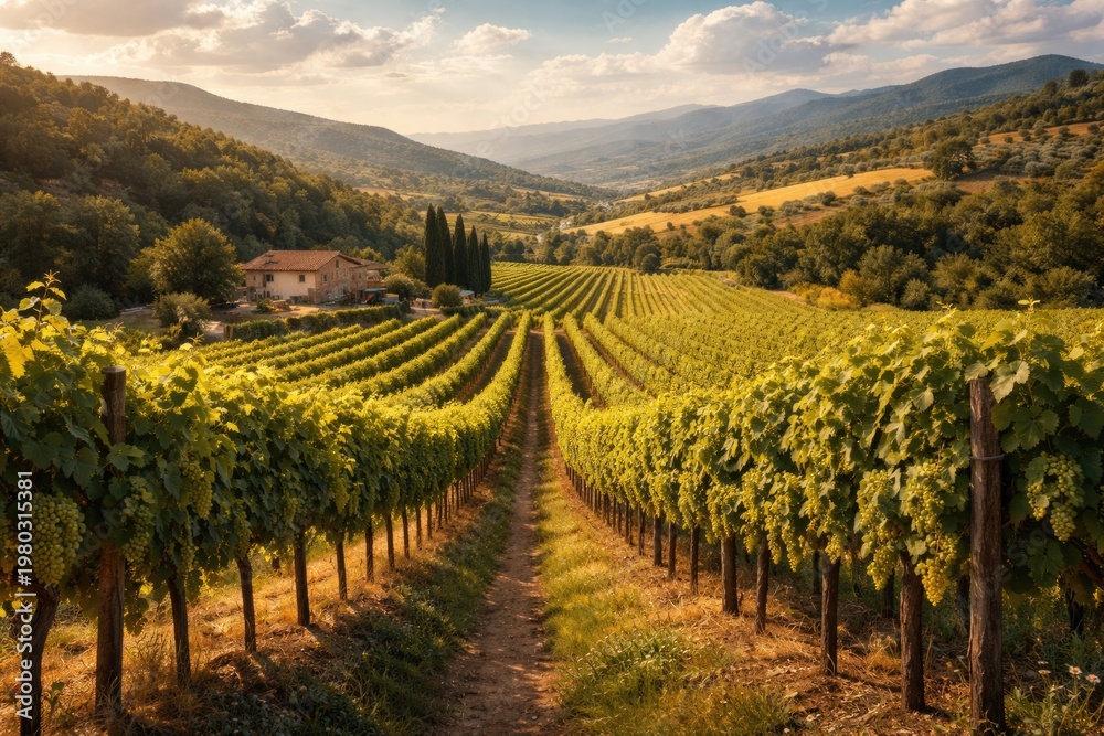 Naklejka premium Lush Vineyard Landscape in Scenic Valley at Sunset