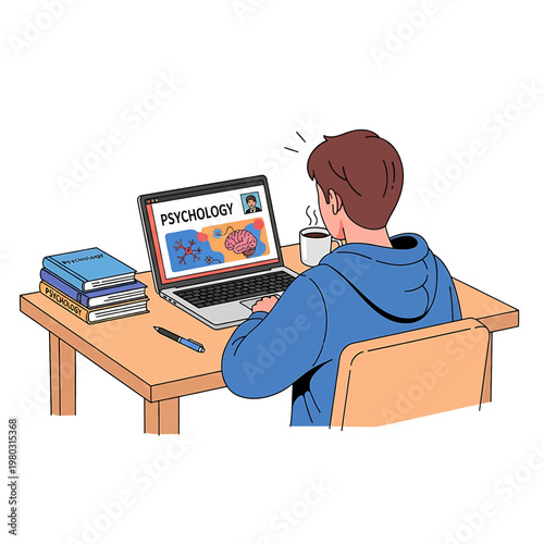 Man studying psychology on laptop computer.