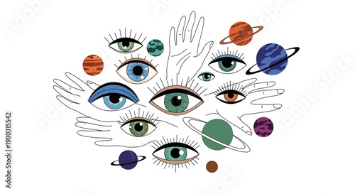 Eyes with planets and hands floating.