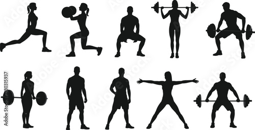 Fitness silhouettes weightlifting exercises training workout flat vector illustration