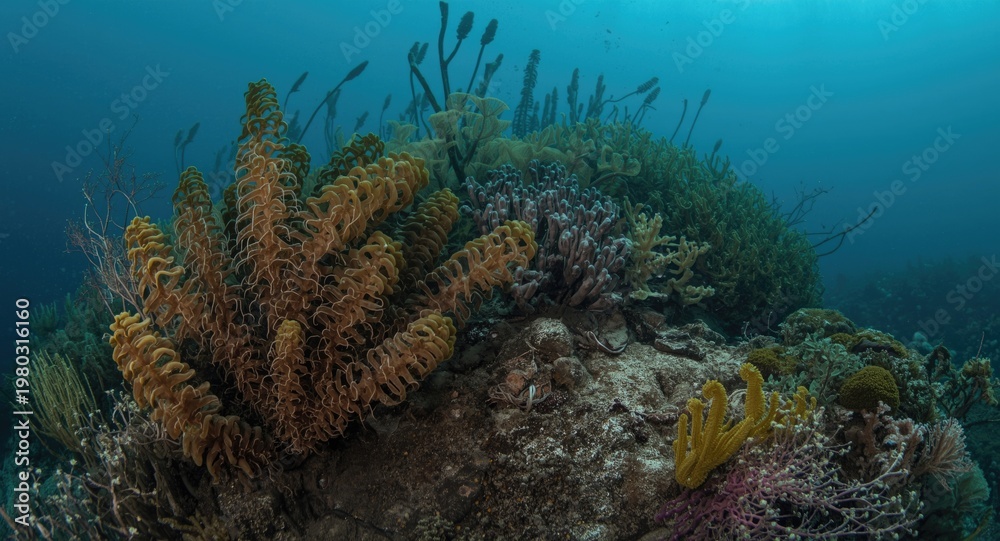 Fototapeta premium Underwater garden showcasing mud-covered brown kelp Ecklonia radiata and flora