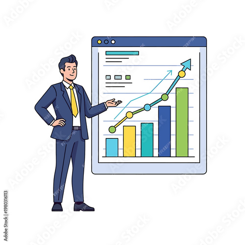 Businessman presenting data on graph chart.