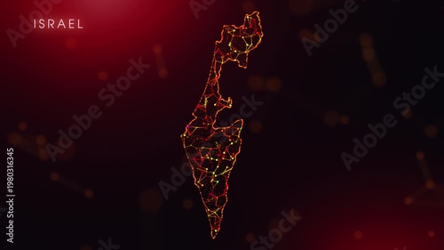 A dynamic motion video showcasing the Israel country border through a colorful plexus reveal. Glowing red and orange dots represent high-tech data communication and global digital networks.