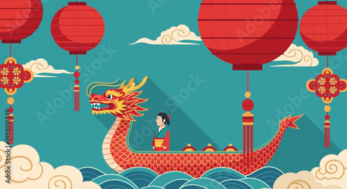 Dragon Boat Festival Celebration: Dragon Boat, Lanterns, Woman in Traditional Clothing