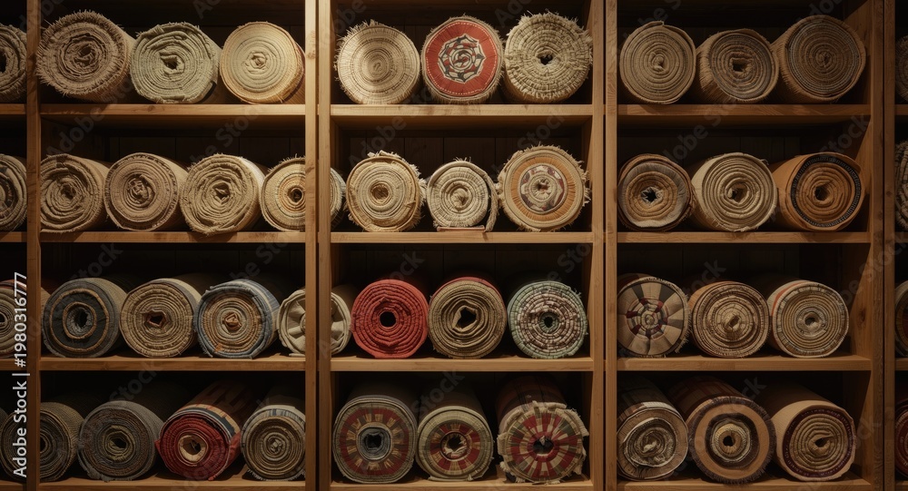 Fototapeta premium Wooden shelves in room holding neatly arranged natural fiber carpet rolls with artistic rectangle motifs