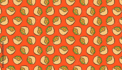 Falafel Seamless Repeat Pattern. Middle Eastern Chickpea Ball. Traditional Arab Street Food. Hand Drawn Bowl Illustration. Mediterranean Snack Vector Background.