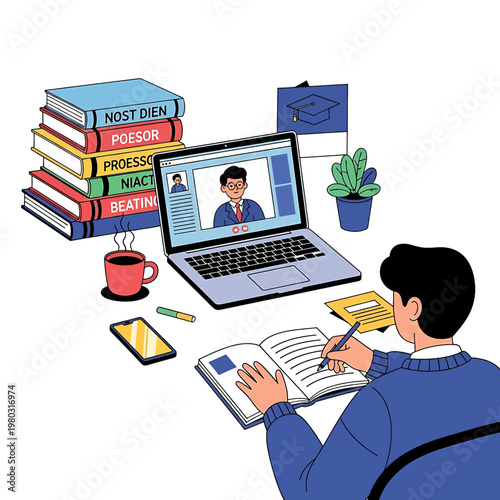 Man sitting with laptop and books.