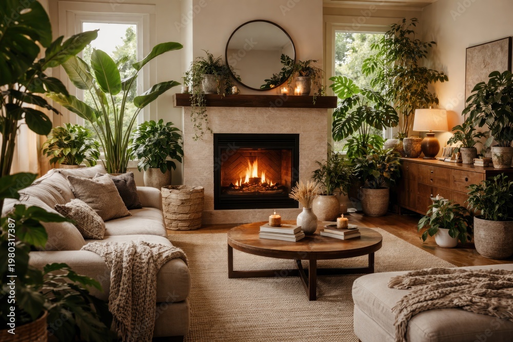 Naklejka premium Cozy Living Room with Fireplace Surrounded by Lush Houseplants
