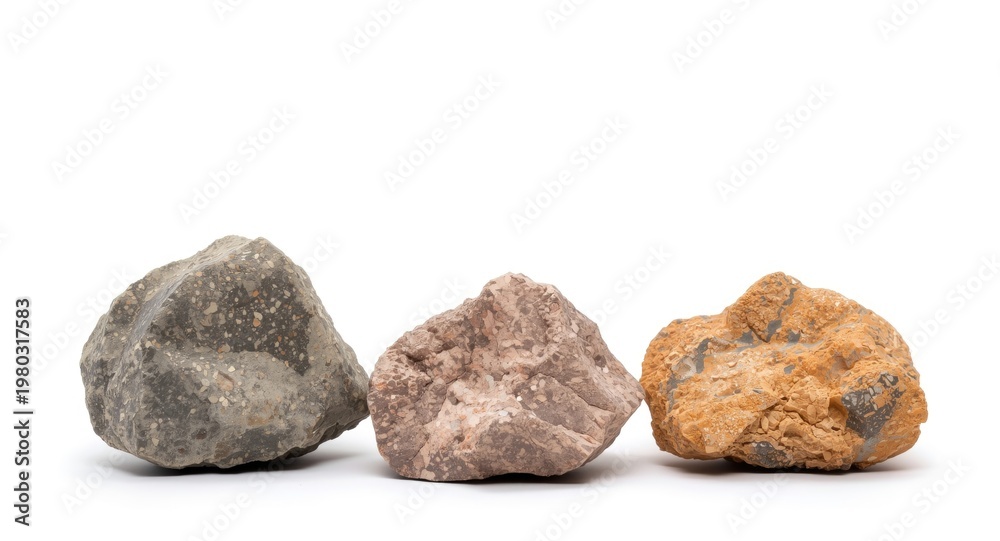 Obraz premium Three textured mineral stones set against a white background highlighting geological structures with copy space