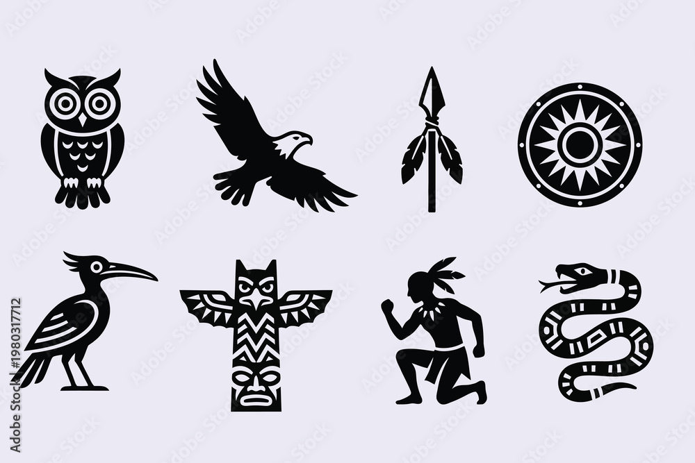 Fototapeta premium Native American tribal symbols set, black indigenous culture icons with eagle and owl, ethnic totem and spear vector illustrations
