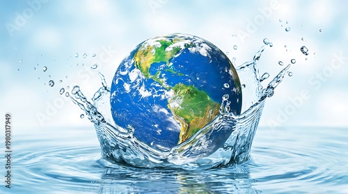Earth Globe Surrounded by Water Splash in Environmental Concept.