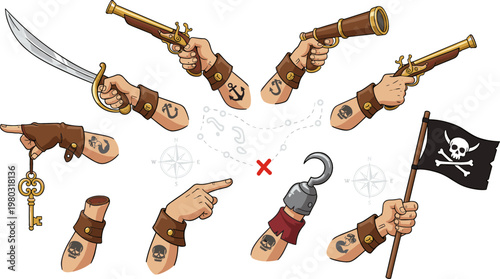 Pirate Hand Icon Set Featuring Swords, Pistols, Hooks, and Pirate Flags for Adventure, Pirate, and Fantasy Design Projects