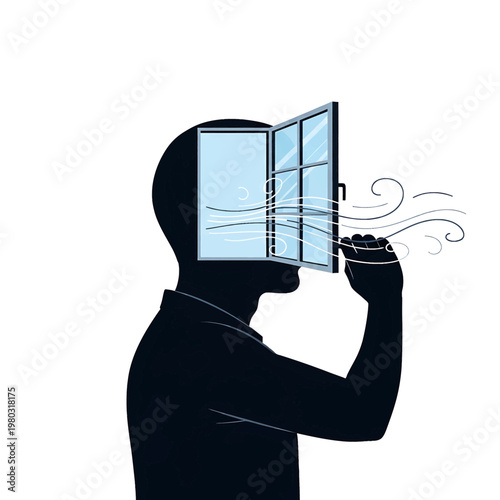 Man with window for head outdoors.