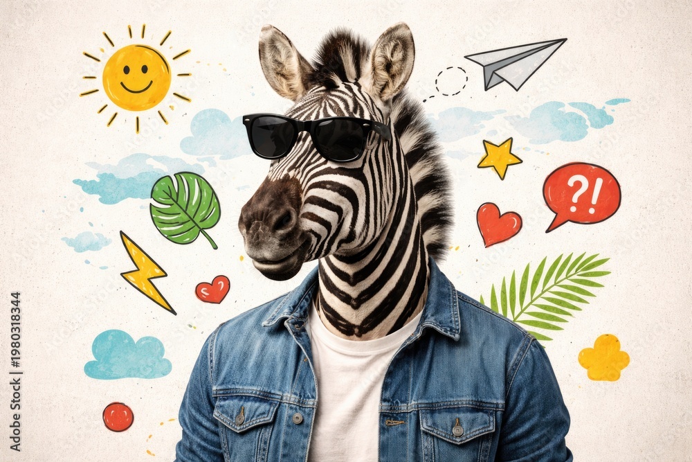 Fototapeta premium Humorous zebra head on human torso art collage with clip art and copy space