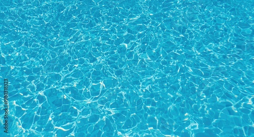 Sunny summer setting showcasing fiberglass swimming pool entrance with teak flooring and pristine blue water plus blank text space