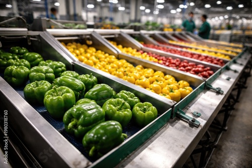 Fresh vegetables being sorted by size on a conveyor belt in a food processing plant