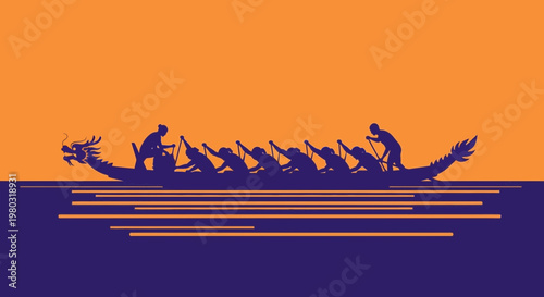 Cuadro en lienzo Dragon Boat Race Silhouette - Teamwork and Competition